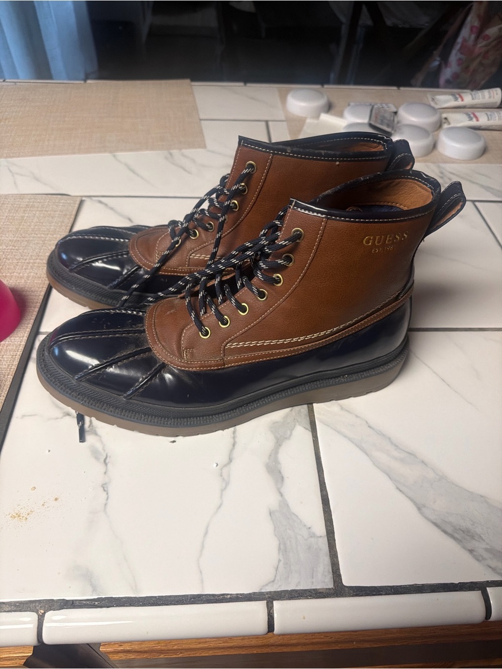 GUESS Two-Tone Brown and Black Lace-Up Duck Boots
